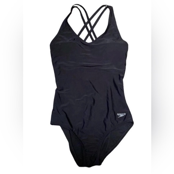 New Speedo One Piece Swimsuit Solid Black Double Strap Criss Cross Swimwear Sz L - Picture 13 of 13